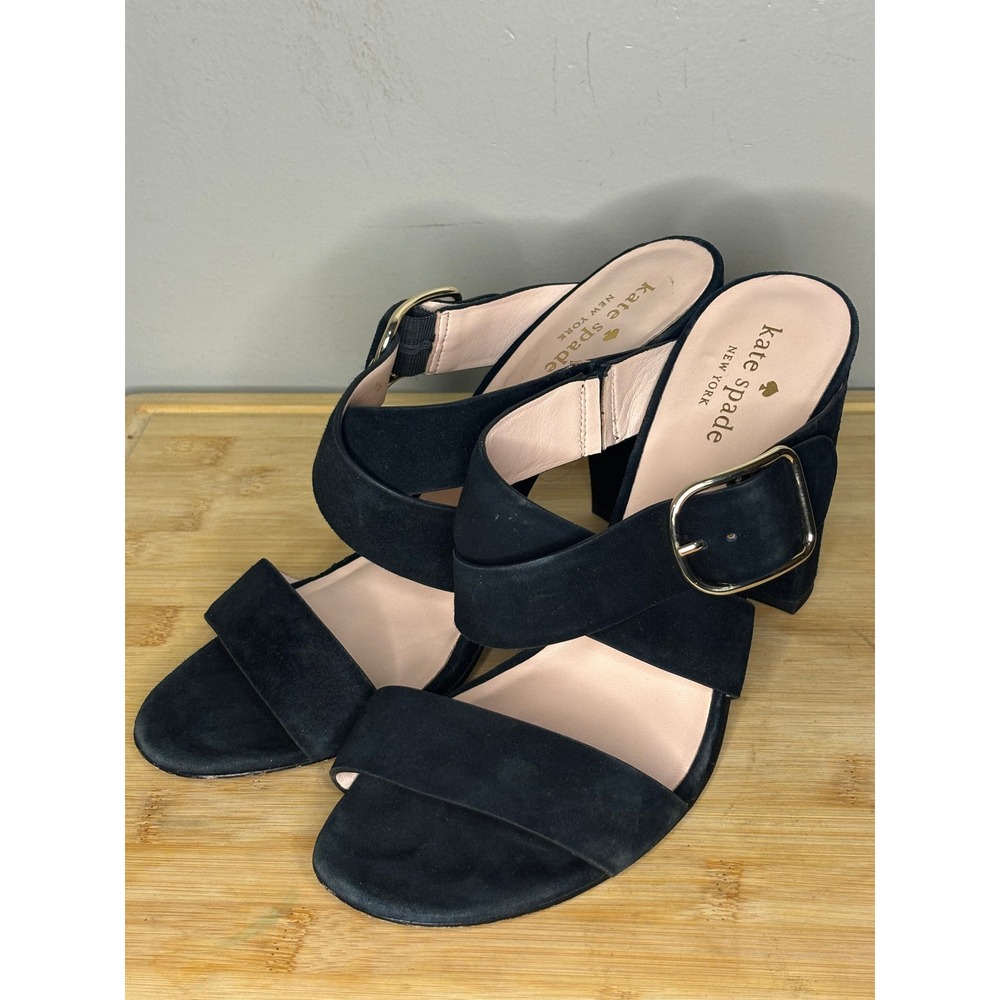 Kate Spade New York Black Suede Block Heel Buckle Slide Sandals Womens 9M